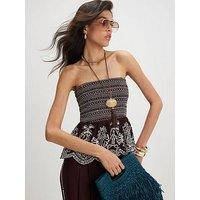 River Island Cotton Embroidered Shirred Bandeau Top - Brown