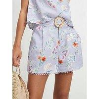 River Island Linen Blend Floral Belted Shorts - Purple