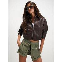 River Island Washed Faux Leather Bomber Jacket - Brown