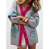 River Island Long Sleeve Embroidered Motif Cardigan - Grey