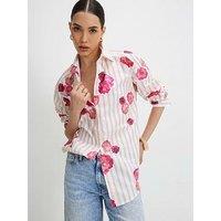 River Island Beige Cotton Floral Striped Long Sleeve Shirt