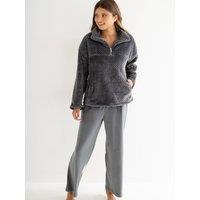 Pour Moi Cosy Textured Zip Fleece Wide Leg Trouser Pyjama Set