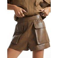 River Island Faux Leather Distressed Pocket Shorts - Brown