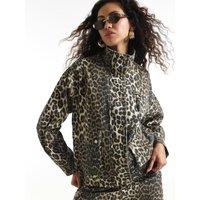 River Island Leopard Denim Funnel Neck Jacket - Brown