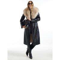 River Island Belted Shearling Trench Coat - Black