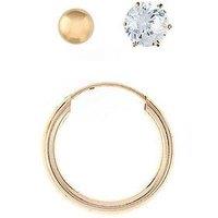 Love Gold 9 Carat Yellow Gold Mens Set Of 3 Ball Stud, Hoop And Cubic Zirconia Earrings