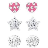 The Love Silver Collection Sterling Silver Ball, Heart And Star Crystal Stud Childrens Set Of 3 Earrings