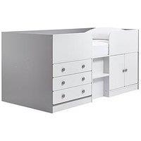 Very Home Peyton Kids Mid Sleeper Bed With Drawers, Cupboard And Mattress Options (Buy And Save!) - White/Grey - Cabin Bed Only
