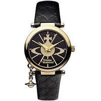 Vivienne Westwood Orb Ii Black And Gold Logo Dial Gold Plated Case And Charm Black Leather Strap Ladies Watch