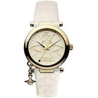 Vivienne Westwood Orb Ii White And Gold Logo Charm White Leather Strap Ladies Watch