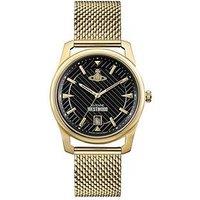 Vivienne Westwood Holborn Black Pinstripe Design Gold Detail Date Dial Gold Stainless Steel Mesh Strap Mens Watch