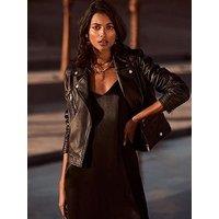 Mint Velvet Stitch Sleeve Detail Leather Biker Jacket - Black