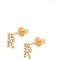 The Love Silver Collection 18Ct Gold Plated Sterling Silver Cubic Zirconia Initial Stud Earrings - B