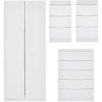 One Call Monaco Ready Assembled 4 Piece Gloss Package - 2 Door Mirrored Wardrobe, 5 Drawer Chest And 2 Bedside Chests