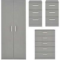 One Call Sanford High Gloss Ready Assembled 4 Piece Package - 2 Door Wardrobe, Chest Of 5 Drawers And 2 Bedside Chests