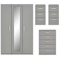 One Call Sanford Part Assembled High Gloss 4 Piece Package - 3 Door Mirrored Wardrobe, Chest Of 5 Drawers And 2 Bedside Chests