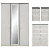 One Call Alderley Part Assembled 4 Piece Package - 3 Door Mirrored Wardrobe, Chest Of 5 Drawers And 2 Bedside Chests