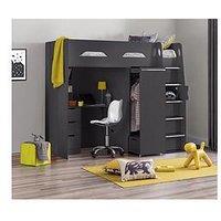 Julian Bowen Max High Sleeper Bed With Desk, Drawers, Pull Out Wardrobe And Hidden Cupboards - Grey