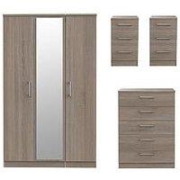 Swift Halton Part Assembled 4 Piece Package - 3 Door Mirrored Wardrobe, 5 Drawer Chest And 2 Bedside Chests - Fsc Certified