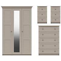 One Call Reid 4 Piece Part Assembled Package - 3 Door Mirrored Wardrobe, 5 Drawer Chest And 2 Bedside Cabinets