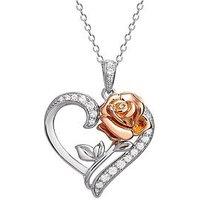 Disney Beauty And The Beast Sterling Silver Crystal Heart And Rose Gold Rose Necklace