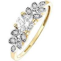 The Love Collection 9Ct 2 Colour Yellow And White Gold Cubic Zirconia Leaf Shoulder Ring