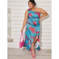 Chi Chi London Plus Size One Shoulder Floral Printed Midi Dress - Teal