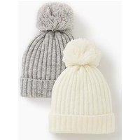 Everyday Baby 2 Pack Pom Pom Beanie Hats With Faux Fur Lining - Cream/Grey
