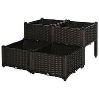 Outsunny Set Of 4 Raised Outdoor Garden Rattan Effect Planter Boxes