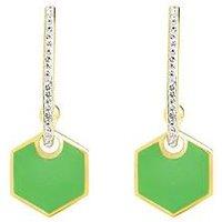 The Love Collection Sterling Silver Gold Plated Green Enamel & Crystal Hexagon Stud Earrings
