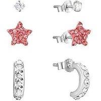 The Love Silver Collection Sterling Silver Crystal 3 Pack - 3Mm Studs, Half Hoops & 6Mm Pink Star Studs