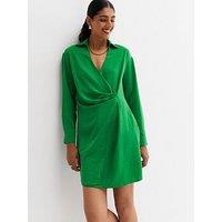New Look Green Herringbone Collared Mini Wrap Dress