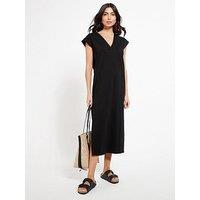 Everyday V Neck Slouchy Midi Beach Dress - Black