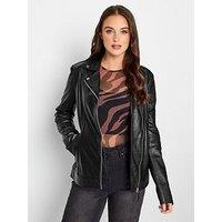 Long Tall Sally Leather Biker Jacket - Black