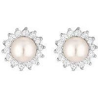 Simply Silver Sterling Silver 925 Freshwater Pearl And Cubic Zirconia Halo Stud Earrings