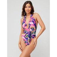 V By Very Plunge Belted Swimsuit - Multi