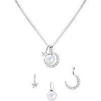 The Love Collection Sterling Silver Pearl, Moon And Star Cubic Zirconia Adjustable Box Chain Necklace