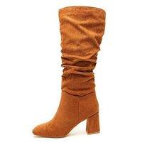 Quiz Faux Suede Ruched Heeled Boots - Light Brown