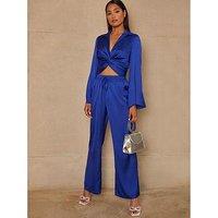 Chi Chi London Satin Wide Leg Elasticated Waist Trousers In Cobalt