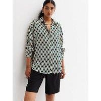 New Look Green Geometric Satin Long Sleeve Oversized Shirt