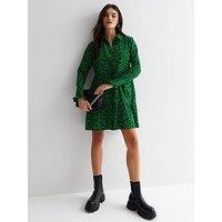 New Look Green Animal Print Collared Long Frill Sleeve Mini Shirt Dress