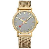 Mondaine Classic Golden 40Mm Case Good Grey Watch With Mesh Bracelet