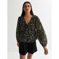 New Look Black Ditsy Floral Chiffon Tie Front Blouse
