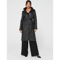 V By Very Faux Leather Diamond Quilt Longline Coat - Black