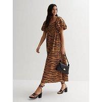 New Look Brown Zebra Print Shirred Puff Sleeve Midi Dress