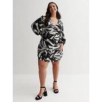 New Look Curves Black Abstract Long Sleeve Mini Wrap Dress