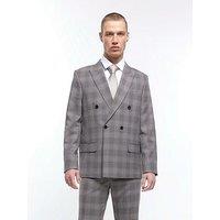 River Island Double Breasted Check Suit Jacket Slim Fit - Grey