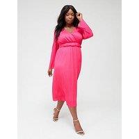 V By Very Curve Wrap Plisse Midi Dress - Pink