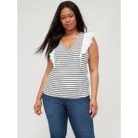 V By Very Curve Broderie Trim Stripe Sleeveless T-Shirt - White