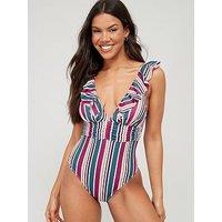 V By Very Shape Enhancing Frill Stripe Swimsuit - Multi